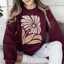 Large Maroon Cozy Soft Retro Flower Bold Floral Boho Print Fleece Lined Weekend Wear Sweatshirt