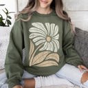 XL Military Green Cozy Soft Retro Flower Bold Floral Boho Print Fleece Lined Weekend Wear Sweatshirt