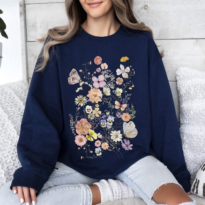 Butterfly Mountain Meadow Pressed Flower Botanical Print Vintage Inspired Sweatshirt