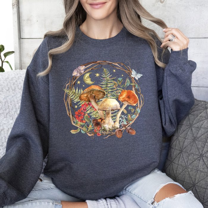 Moon, Moth And Mushrooms, Nature, Forest, Cottage Woodland Nightscape Sweatshirt