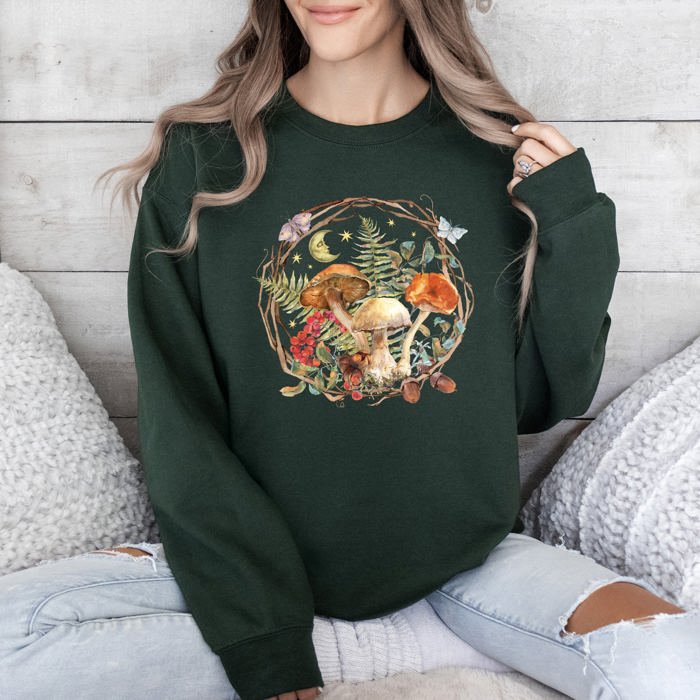 Moon, Moth And Mushrooms, Nature, Forest, Cottage Woodland Nightscape Sweatshirt