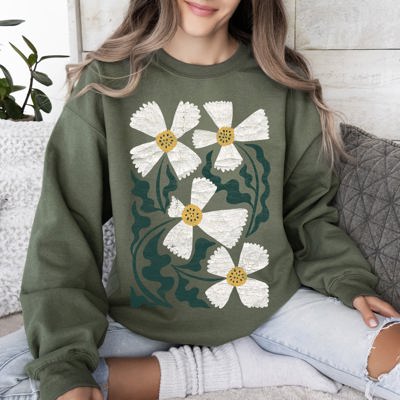 Boho Art Nouveau Flowers Bold Design Bohemian Floral Motif Intricate Linework Vintage Inspired Sweatshirt