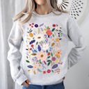 Small Ash Light Gray Bloom Brilliance Color-Infused Floral Print Garden Collection Soft Knit Sweatshirt