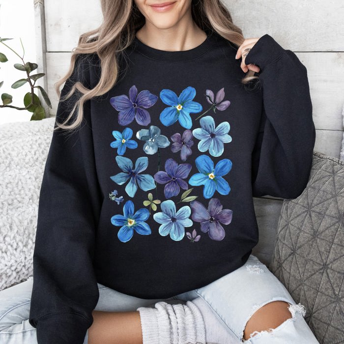 Bold Floral Blues Pressed Flowers Nature Botanical Landscape Artwork Timeless Nature-Inspired Collection Sweatshirt