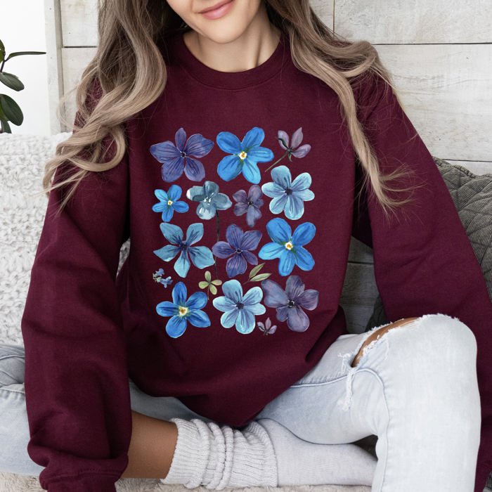 Bold Floral Blues Pressed Flowers Nature Botanical Landscape Artwork Timeless Nature-Inspired Collection Sweatshirt