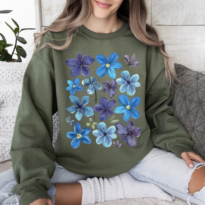 Bold Floral Blues Pressed Flowers Nature Botanical Landscape Artwork Timeless Nature-Inspired Collection Sweatshirt