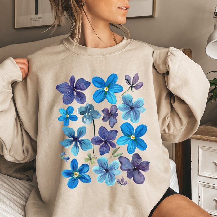 Bold Floral Blues Pressed Flowers Nature Botanical Landscape Artwork Timeless Nature-Inspired Collection Sweatshirt