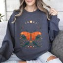 Small Dark Gray Heather Celestial Garden Tale, Moth, Moon, And Flowers Celestial Night Garden Illustration Sweatshirt