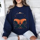 Large Navy Celestial Garden Tale, Moth, Moon, And Flowers Celestial Night Garden Illustration Sweatshirt