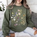 Small Military Green Delicate Pressed Wildflowers Sweatshirt