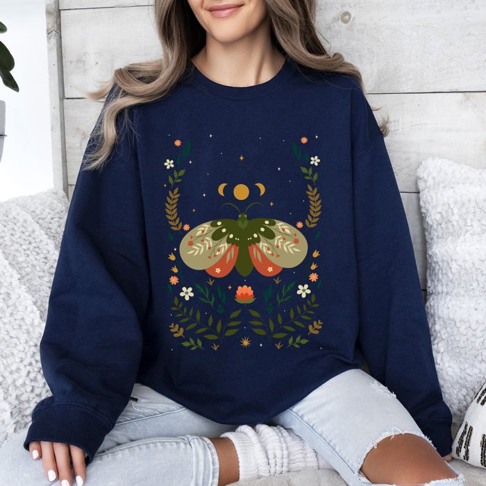 Midnight Garden Dance Moth Moon Floral Print Night Garden Dreamy Nature Art Sweatshirt