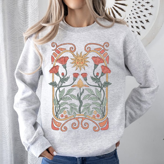Sun Art Deco Design Celestial Art Nouveau Solar Rays And Stars Motif Modern Sweatshirt