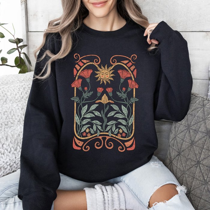 Sun Art Deco Design Celestial Art Nouveau Solar Rays And Stars Motif Modern Sweatshirt