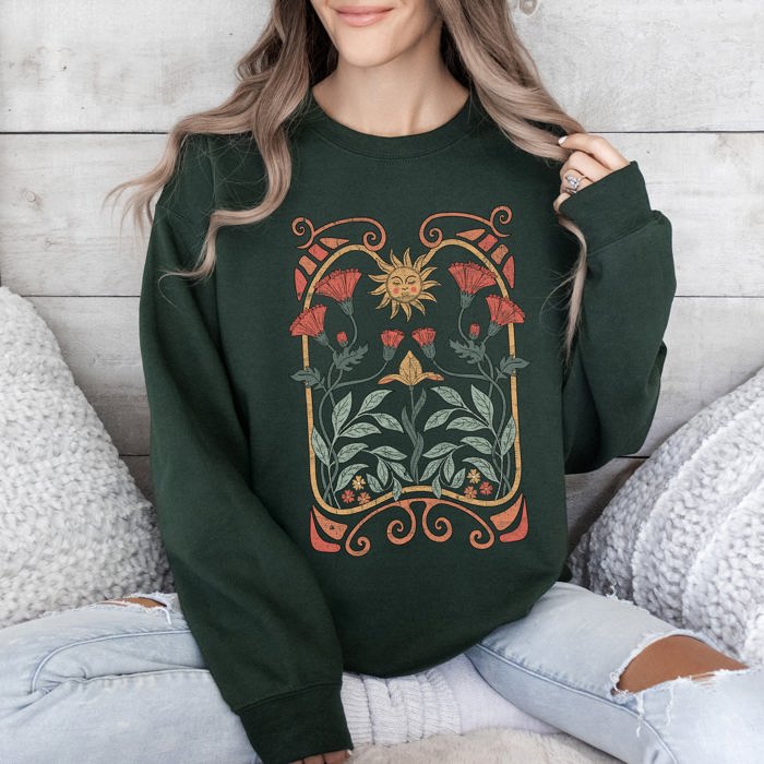 Sun Art Deco Design Celestial Art Nouveau Solar Rays And Stars Motif Modern Sweatshirt
