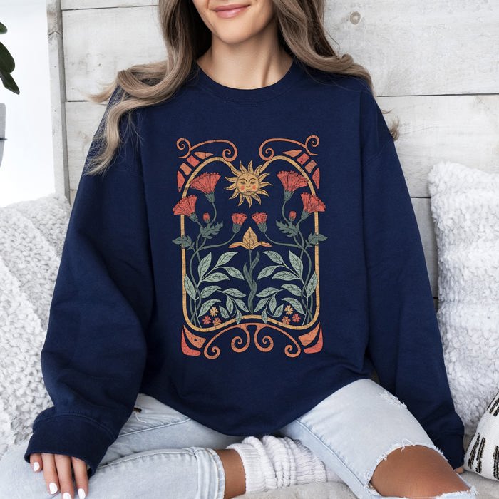 Sun Art Deco Design Celestial Art Nouveau Solar Rays And Stars Motif Modern Sweatshirt