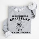 Large Heather Sport Gray You're Either a Smart Fella Or a Fart Smella Bear Meme Graphic Cozy Fleece Lined Sweatshirt