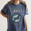 Large Denim Blue Pisces Zodiac Horoscope Astrology Mystic Moon Phases Celestial Art Print For Astrology Lovers Comfort Colors Tee