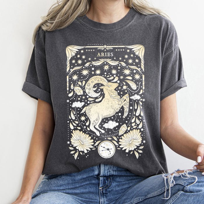 Aries Celestial Zodiac Horoscope Astrology Vintage Inspired Cosmic Sign Emblem Comfort Colors Tee