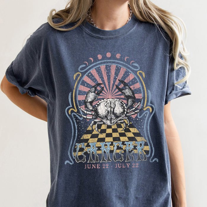 Cancer Zodiac Horoscope Astrology Vintage Mystic Celestial Signs Design Print Comfort Colors Tee