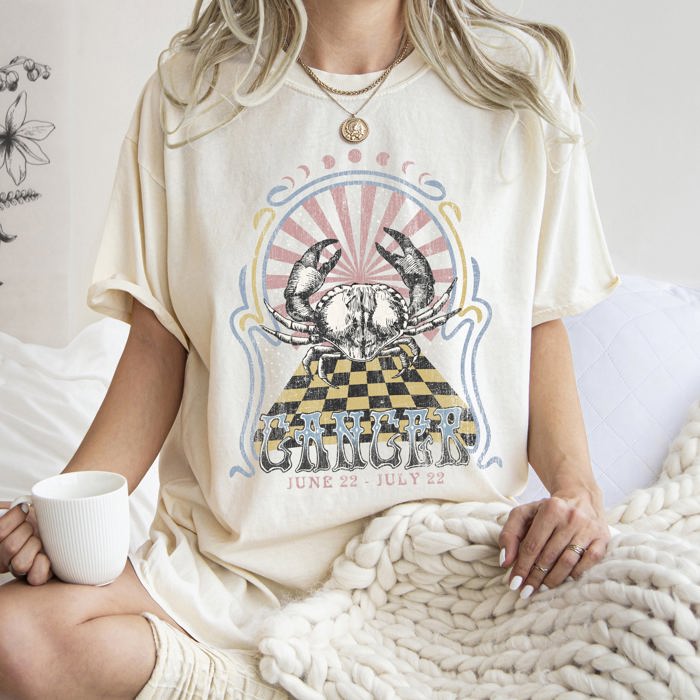Cancer Zodiac Horoscope Astrology Vintage Mystic Celestial Signs Design Print Comfort Colors Tee