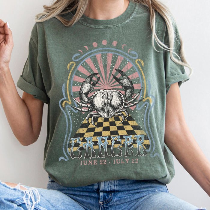 Cancer Zodiac Horoscope Astrology Vintage Mystic Celestial Signs Design Print Comfort Colors Tee