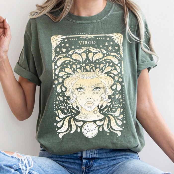 Virgo Celestial Zodiac Horoscope Astrology Constellation Sign Mystic Vintage Cosmos Comfort Colors Tee