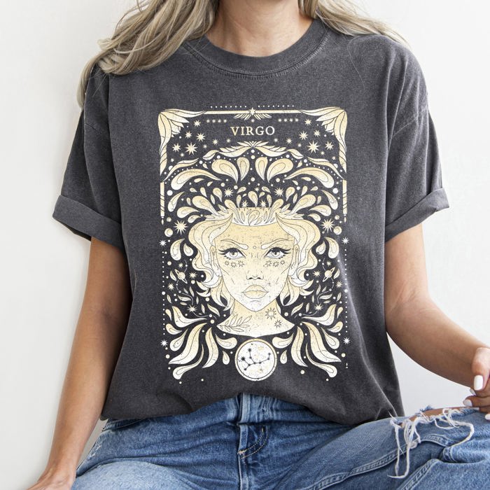 Virgo Celestial Zodiac Horoscope Astrology Constellation Sign Mystic Vintage Cosmos Comfort Colors Tee