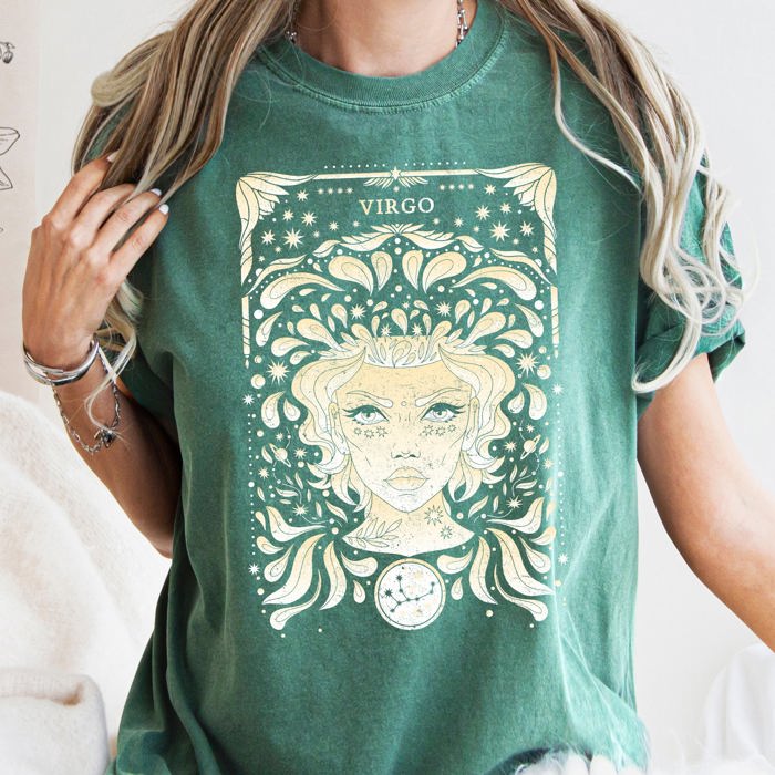 Virgo Celestial Zodiac Horoscope Astrology Constellation Sign Mystic Vintage Cosmos Comfort Colors Tee