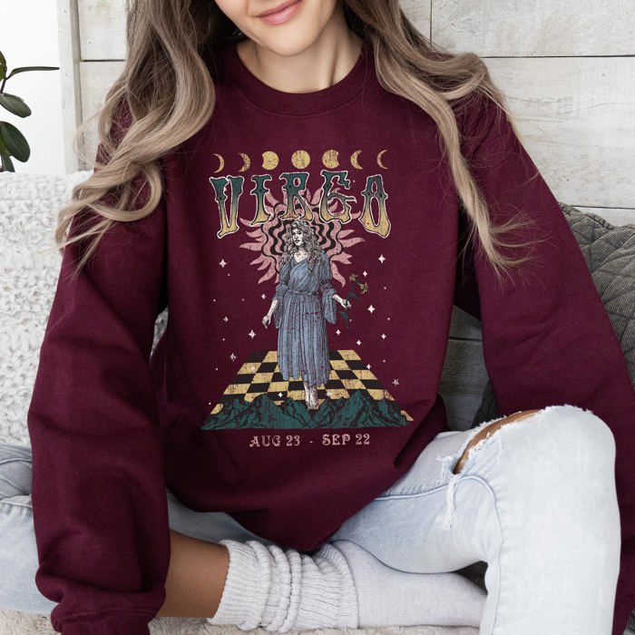 Virgo Zodiac Astrology Horoscope Constellation Moon Phases Crystal Talisman Graphic Sweatshirt