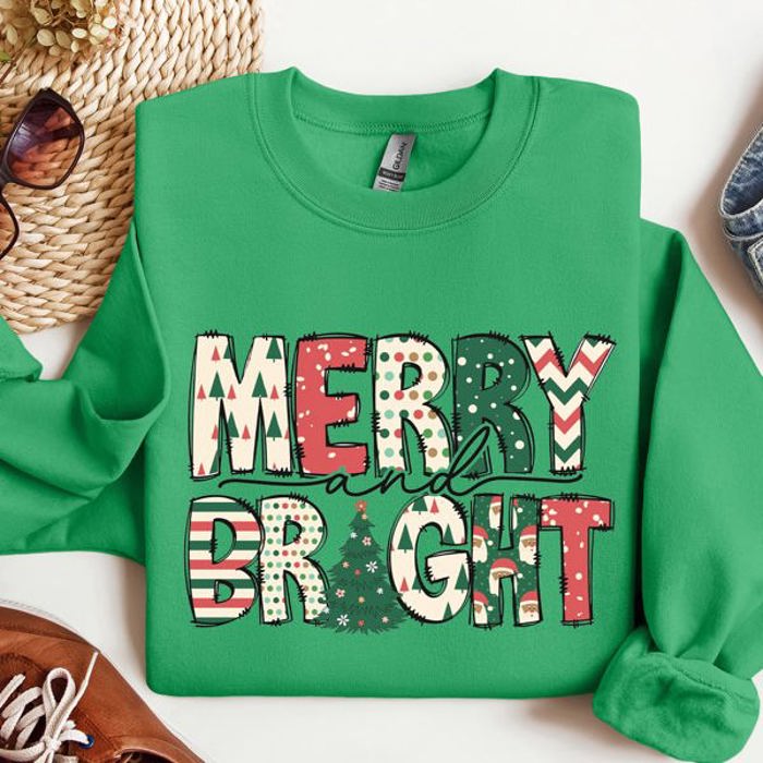 Merry And Bright Christmas Cheer Festive Holiday Lights Snowflake Motif Cozy Cotton Fleece Sweatshirt