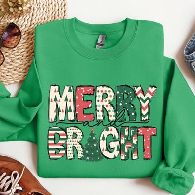 Merry And Bright Christmas Cheer Festive Holiday Lights Snowflake Motif Cozy Cotton Fleece Sweatshirt