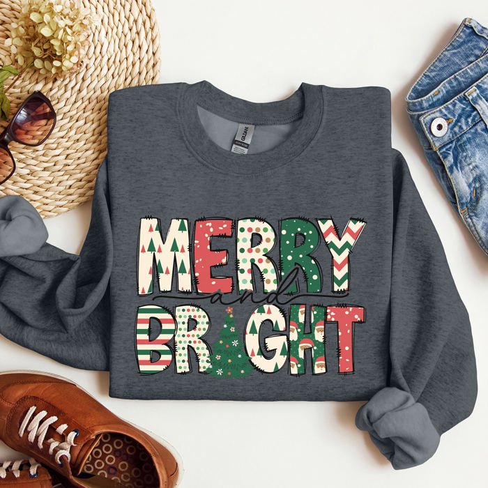 Merry And Bright Christmas Cheer Festive Holiday Lights Snowflake Motif Cozy Cotton Fleece Sweatshirt