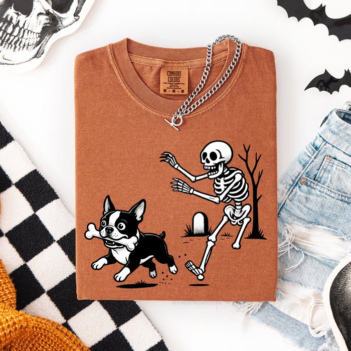 Funny Dog Breeds and Skeleton Halloween 50 Plus Breeds Comfort Colors Tee