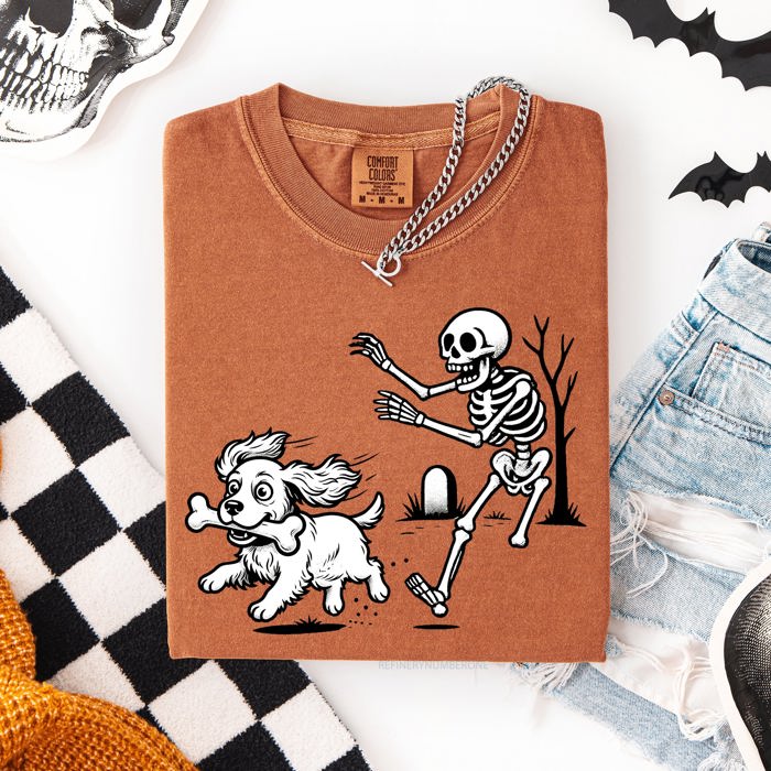 Funny Dog Breeds and Skeleton Halloween 50 Plus Breeds Comfort Colors Tee