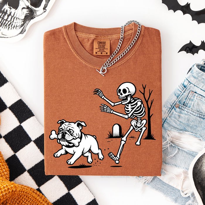 Funny Dog Breeds and Skeleton Halloween 50 Plus Breeds Comfort Colors Tee