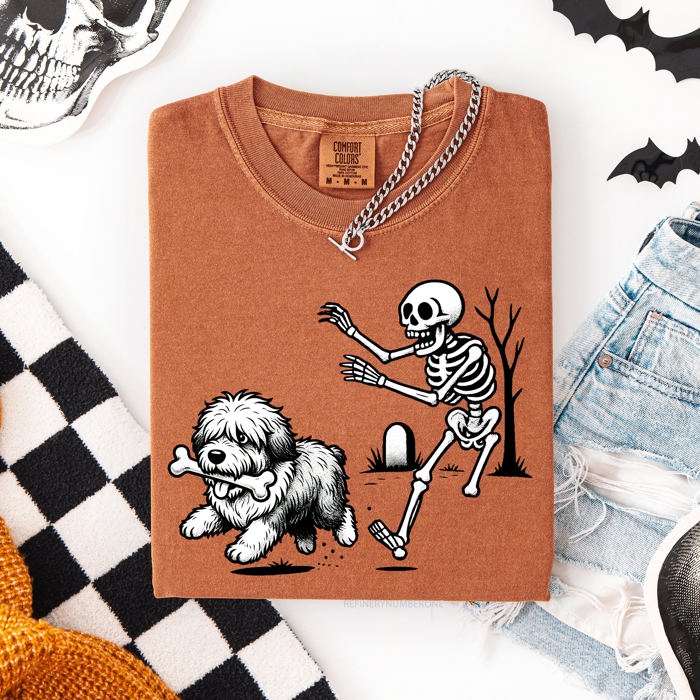 Funny Dog Breeds and Skeleton Halloween 50 Plus Breeds Comfort Colors Tee