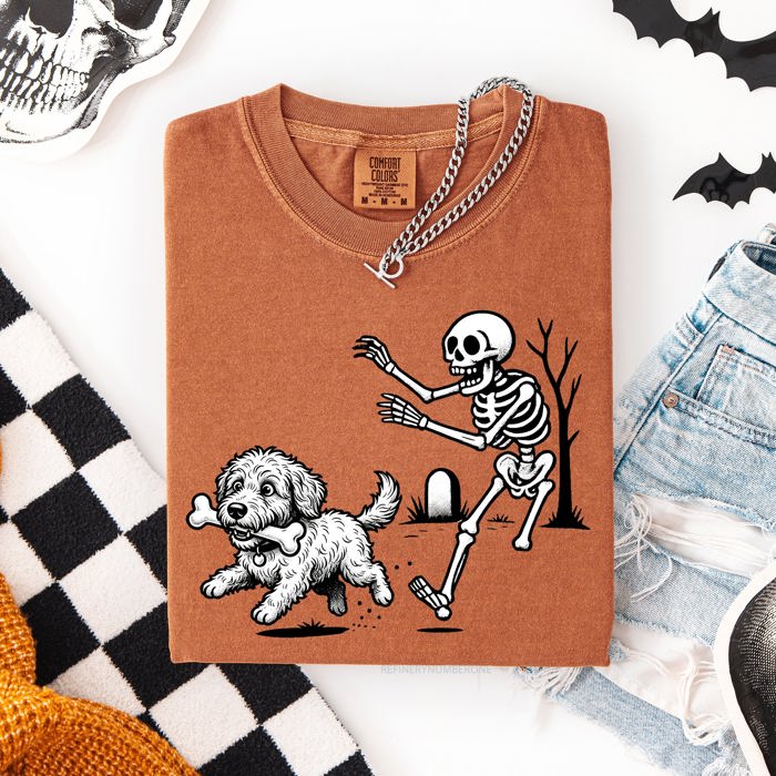 Funny Dog Breeds and Skeleton Halloween 50 Plus Breeds Comfort Colors Tee