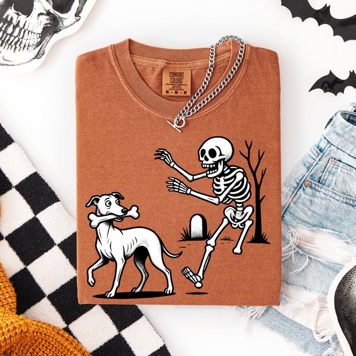 Funny Dog Breeds and Skeleton Halloween 50 Plus Breeds Comfort Colors Tee