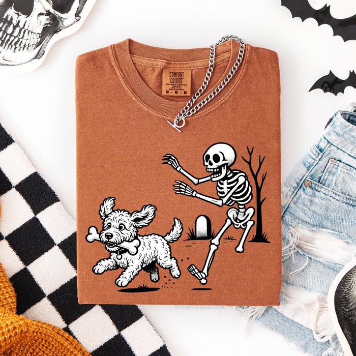 Funny Dog Breeds and Skeleton Halloween 50 Plus Breeds Comfort Colors Tee