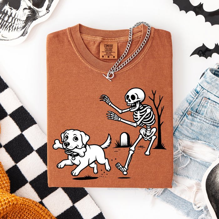 Funny Dog Breeds and Skeleton Halloween 50 Plus Breeds Comfort Colors Tee