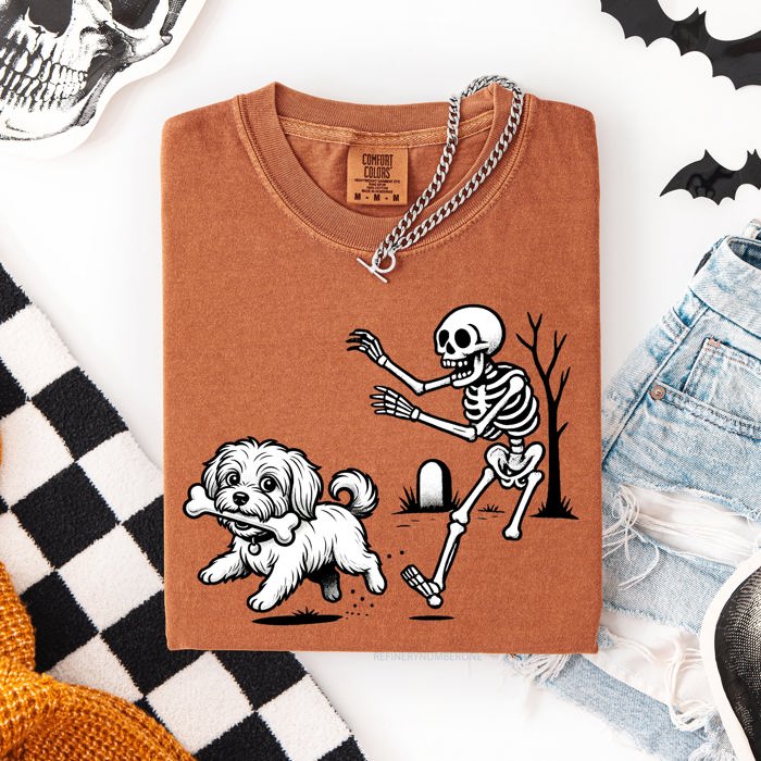 Funny Dog Breeds and Skeleton Halloween 50 Plus Breeds Comfort Colors Tee