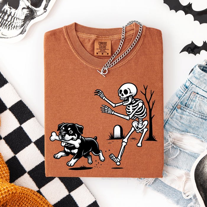 Funny Dog Breeds and Skeleton Halloween 50 Plus Breeds Comfort Colors Tee