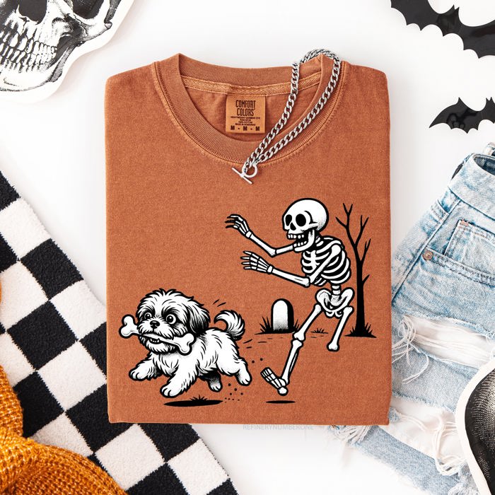 Funny Dog Breeds and Skeleton Halloween 50 Plus Breeds Comfort Colors Tee