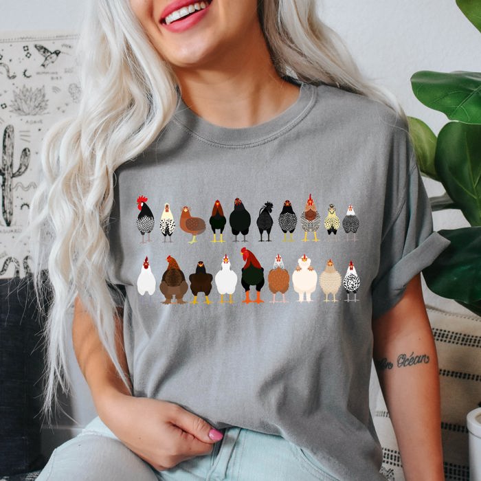 Chicken Lovers Farm Animal Breed Portraits Illustration Of Chicken Breeds Comfort Colors Tee
