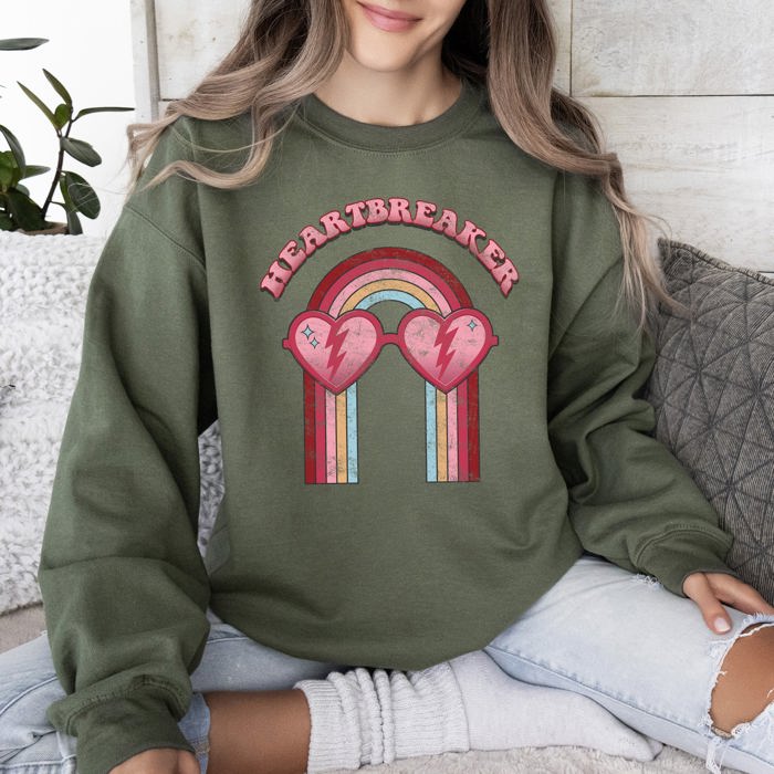 Heart Breaker Love Sunglasses Retro Graphic Statement Cozy Vintage Vibe Valentine's Day Edition Sweatshirt