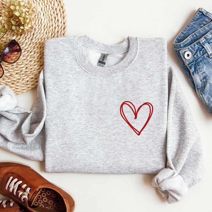 Double Heart Pocket Print Valentine's Day Cozy Brushed Fleece Premium Cotton Sweatshirt