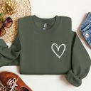 Large Military Green Double Heart Pocket Print Valentine's Day Cozy Brushed Fleece Premium Cotton Sweatshirt