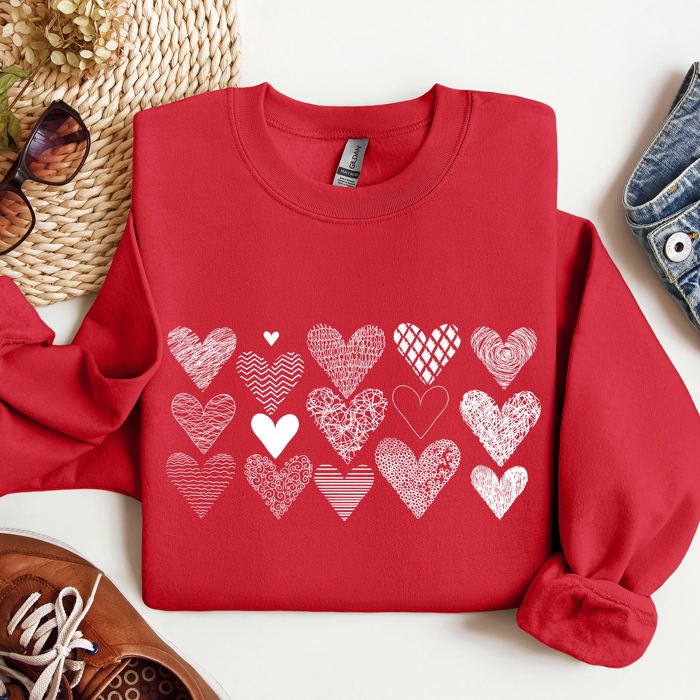 Heart Doodles Valentine's Day Love Edition Cozy Fleece Graphic Warm Comfort Relaxed Fit Sweatshirt