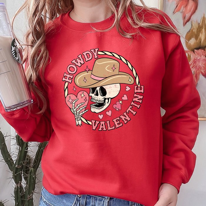 Howdy Valentine Skeleton Cowboy Western Country Festive Romance Graphic Sweatshirt