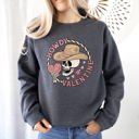 Medium Dark Gray Heather Howdy Valentine Skeleton Cowboy Western Country Festive Romance Graphic Sweatshirt
